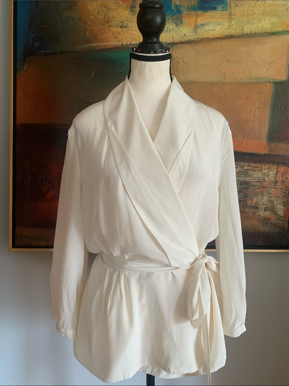 TRISTAN 100% Silk Cream Wrap Peplum Blouse with Shawl Collar, Size L